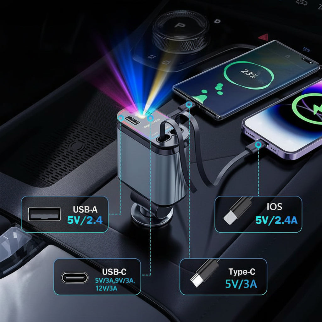 4 in 1 Car Charger with Starry Sky Spotlightretractable Car Charger with Charging Cable & 2Charging Ports, Universal Car Charger
