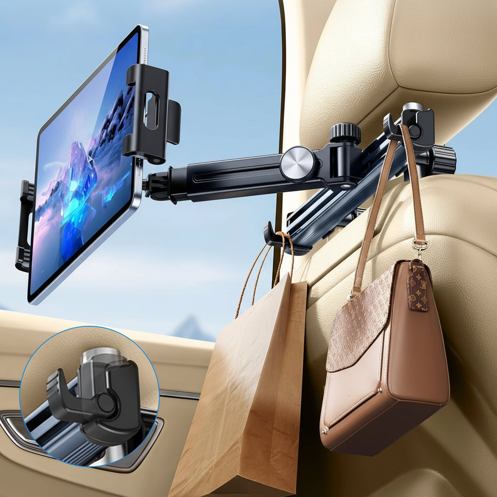 Tablet Holder Mount for Car Headrest Back Seat 360 Rotate Phone Stand Long Arm Adjustable with 2 Hook Fit for 4.7-12 Device
